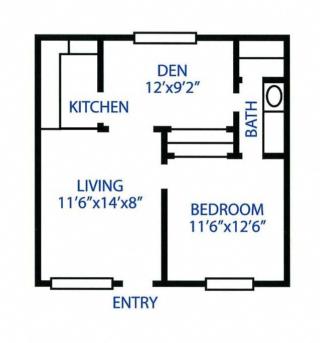 Floor plan for 1 bed, 1 bath, 630 sqft